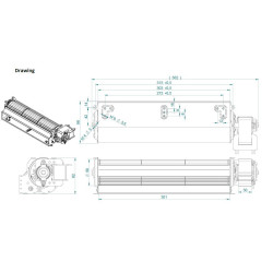 300 x 40 mm ventilatore tangenziale, rullo d60 mm, motore 30 mm destro