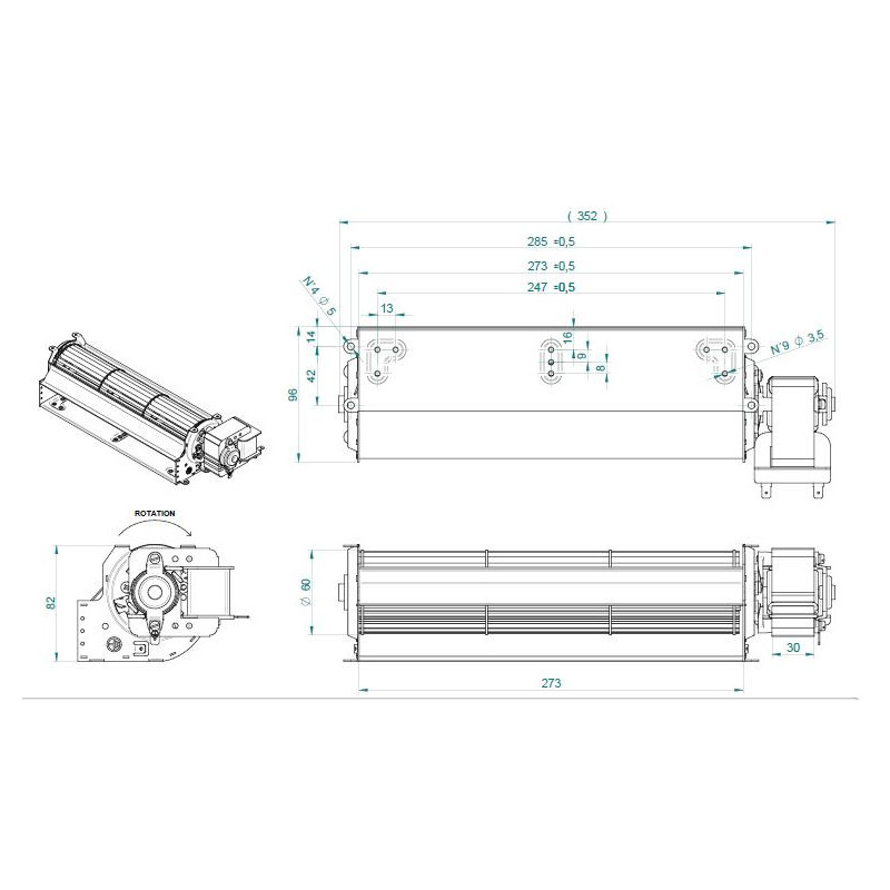 270 x 40 mm ventilatore tangenziale, rullo d60 mm, motore 30 mm destro