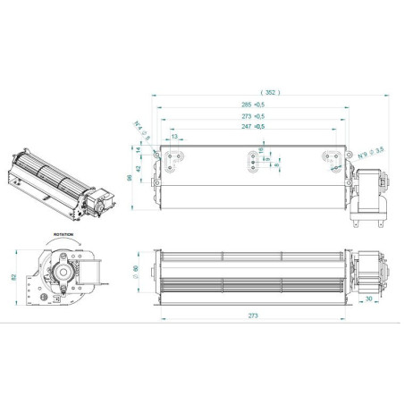 270 x 40 mm ventilatore tangenziale, rullo d60 mm, motore 30 mm destro